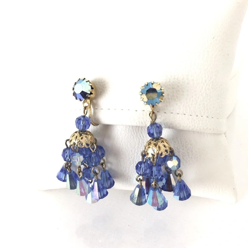 Vintage Hattie Carnegie Signed Austrian Crystal Blue Chandelier Clip Earrings